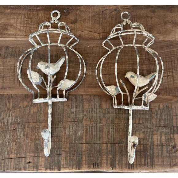 2 Rustic Metal Bird Cage Hooks Leaves Decorative Cottage Core Farmhouse Nature - Picture 1 of 9